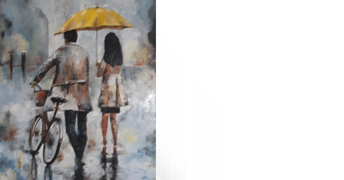 Tableau peinture à l'huile d'un couple qui marche sous la pluie
